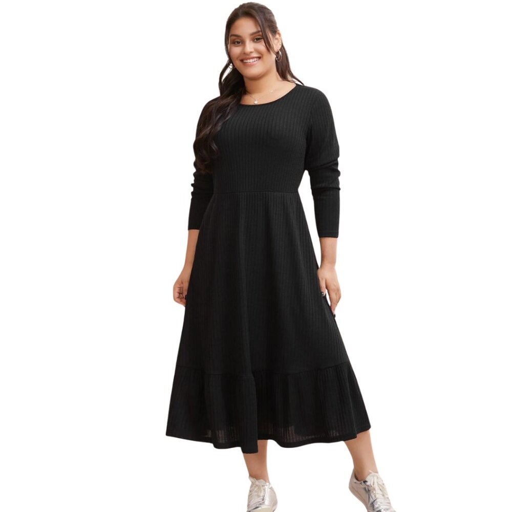 BLOOMMCHIC Black Ribbed Knit Fit & Flare Ruffled Midi‎ Sweater Dress 14-16 NWT